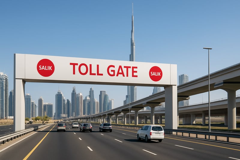 A modern Dubai toll road with smooth traffic under a clear sky A modern Dubai toll road with smooth traffic under a clear sky