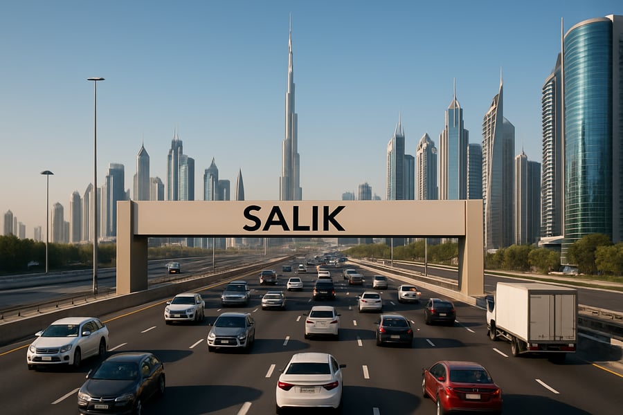 Dubai toll road with modern traffic and skyline Dubai toll road with modern traffic and skyline