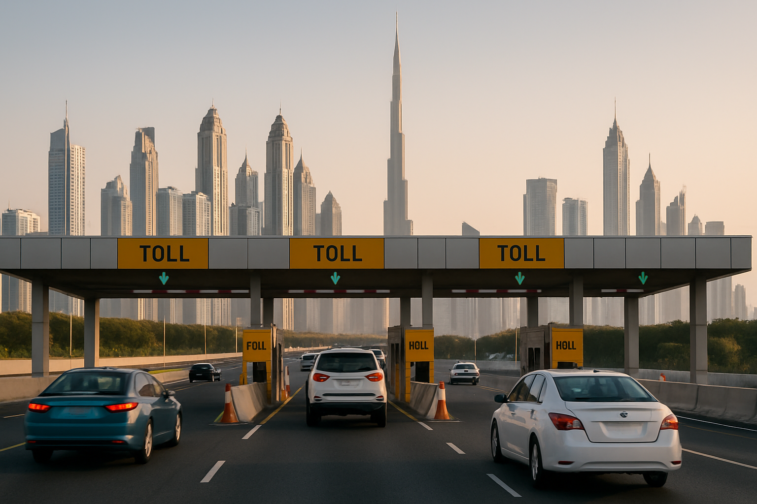 Vehicles passing through a toll plaza with Dubai skyline in the background